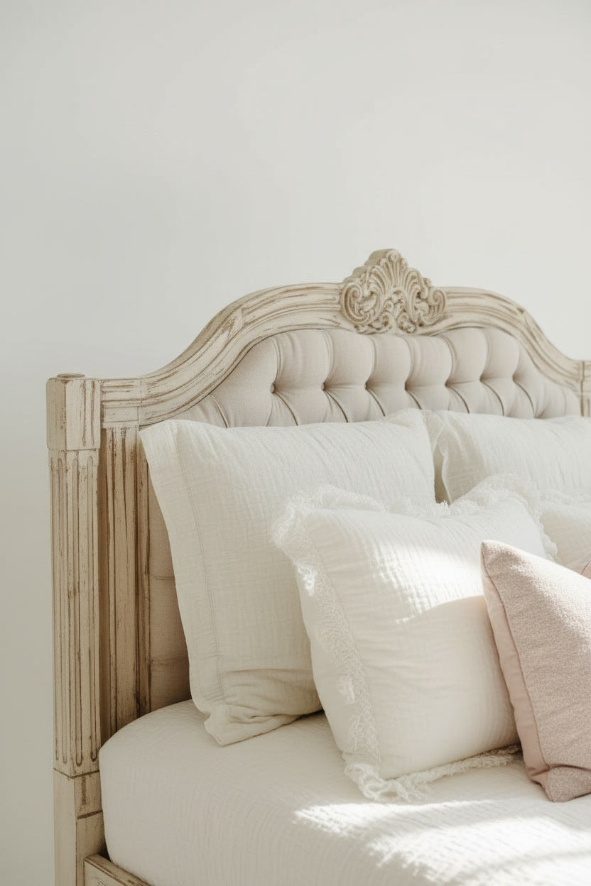 The Amélie Bed — Hand-Carved Upholstered Bed